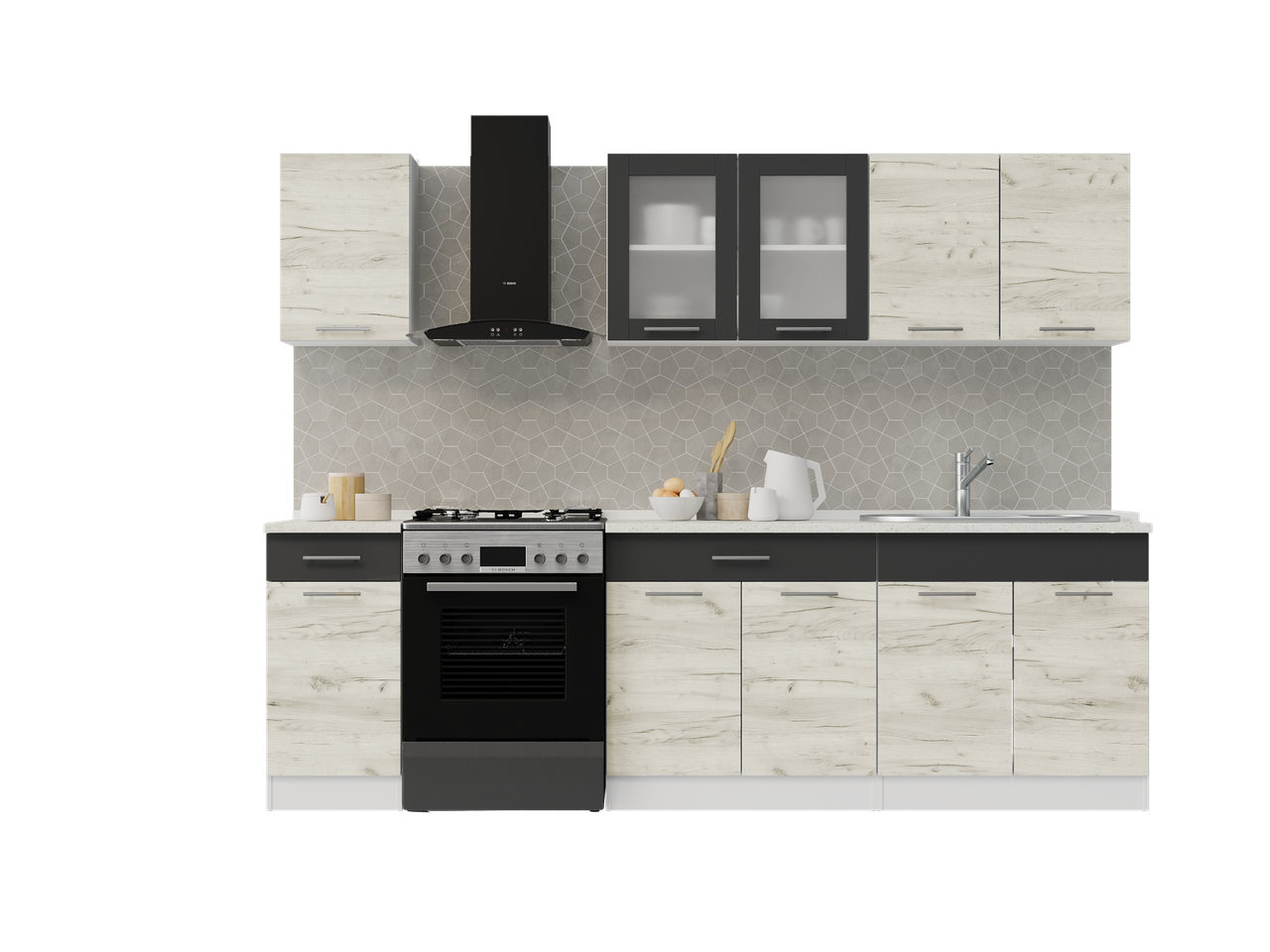 Кухня готовая Эверест №6 Эко Нова без столешницы 2,5 м/2,6 м Крафт белый/Графитовый (27006.01) - фото 1 Кухня готовая Эверест №6 Эко Нова без столешницы 2,5 м/2,6 м Крафт белый/Графитовый (27006.01) - фото 1