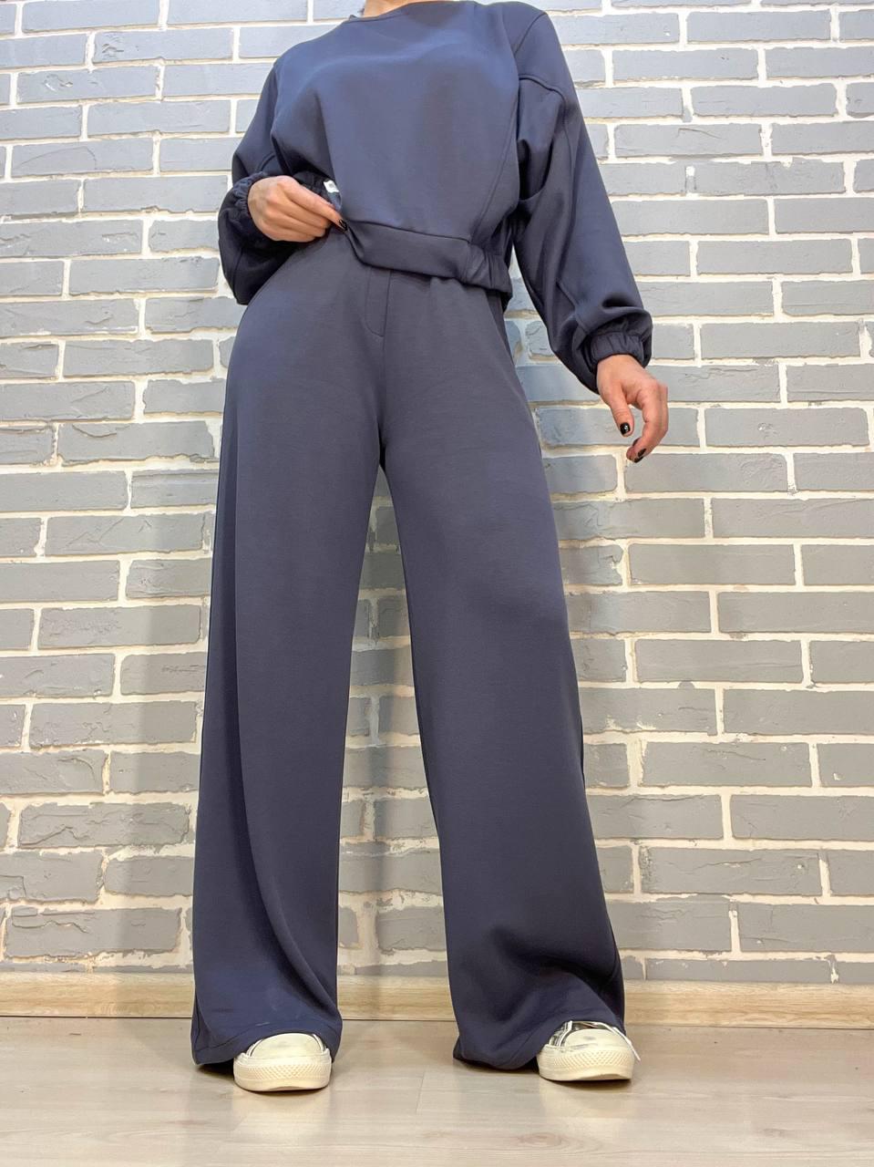 Костюм женский CREP 82287 бифлекс свитшот и брюки палаццо M Графитовый (1613) - фото 2