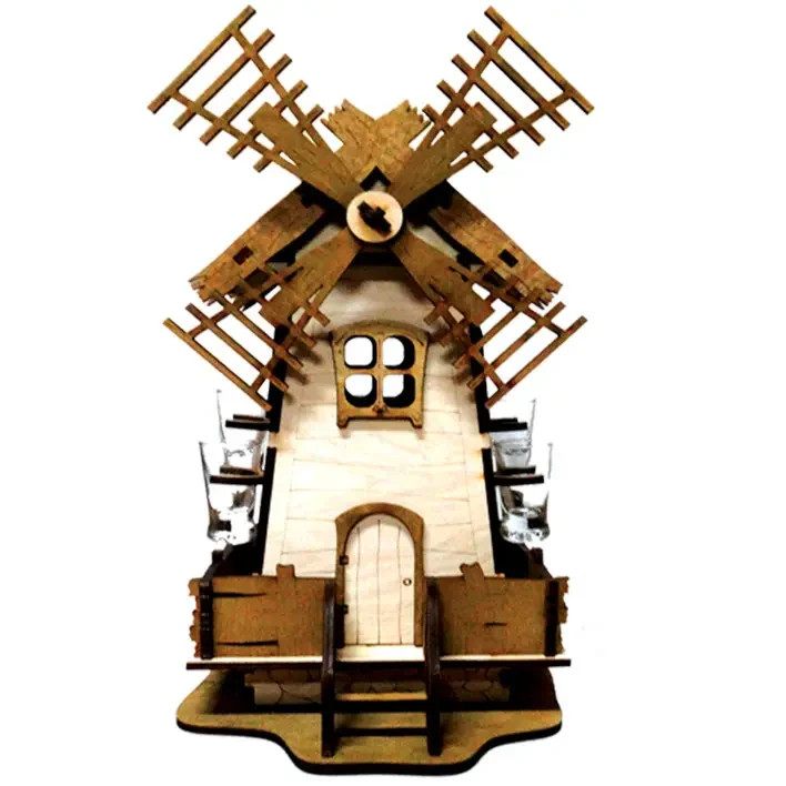 Держатель для бутылок подарочный Хатинка Мельница с держателями для рюмок деревянный (CNT00012054)