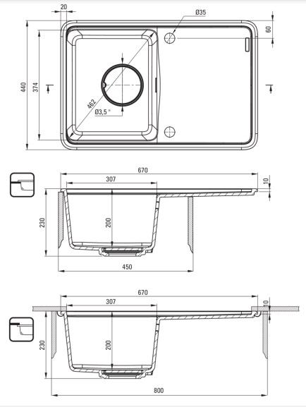 Мойка кухонная Deante гранит ZKM_G11A 670x440 мм прямоугольная Графитовый (225773) - фото 2