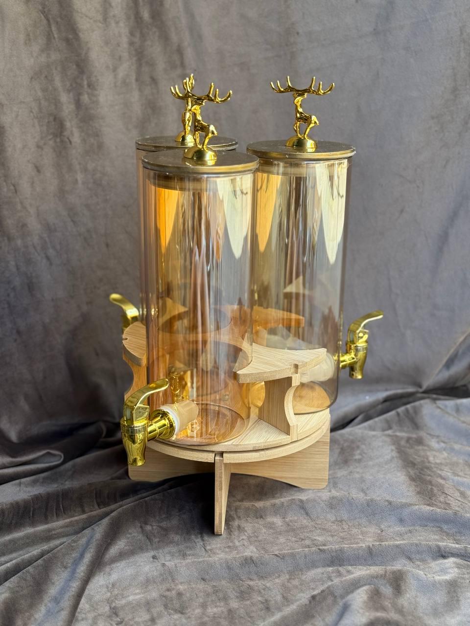 Лимонадниця для напоїв Happy Life скляна потрійна на бамбуковій підставці 5,5 л Золотистий (HP-34-28)