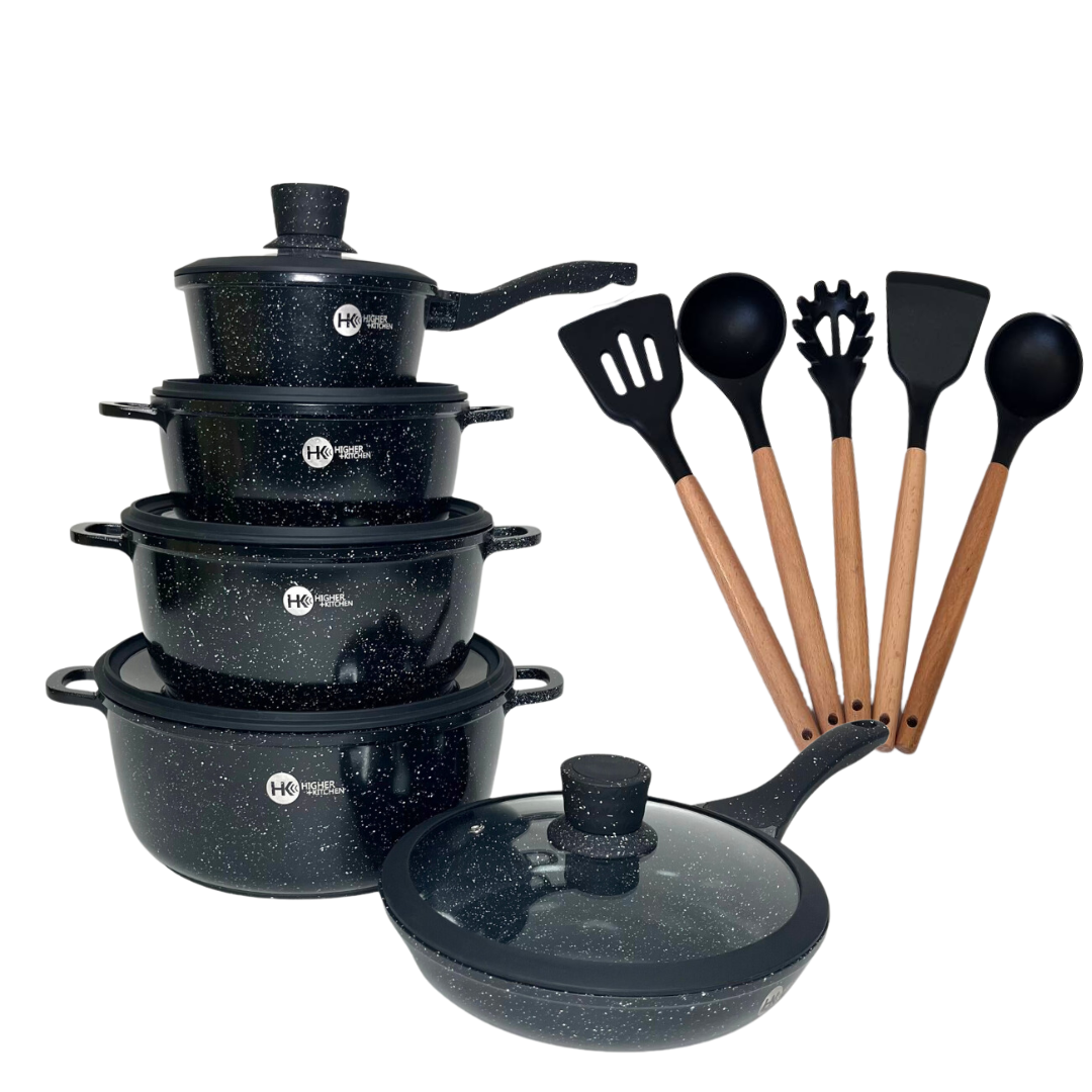 Набір посуду Higher Kitchen HK-316 з гранітним антипригарним покриттям 17 предметів Чорний (2480637077) Набір посуду Higher Kitchen HK-316 з гранітним антипригарним покриттям 17 предметів Чорний (2480637077)