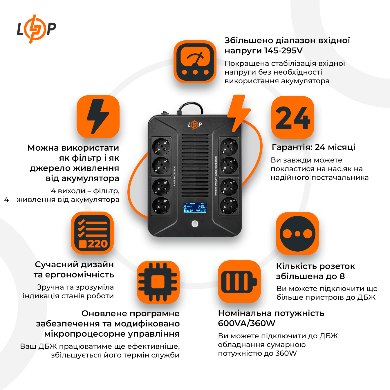 Источник бесперебойного питания LogicPower LP-600VA-8PS линейно-интерактивный 360 Вт (16160) - фото 2