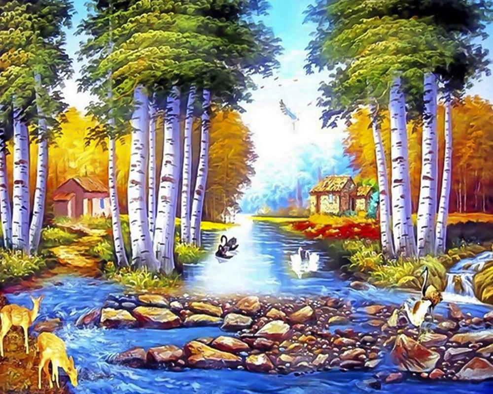 Алмазна мозаїка Берези біля Струмка на полотні з підрамником 40х50 см (GA70562)