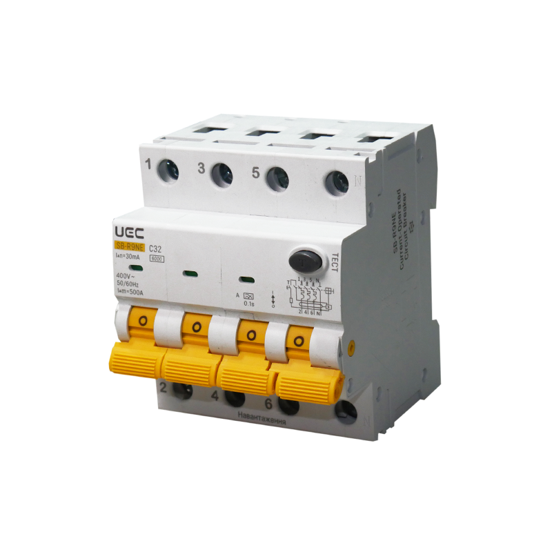 Дифференциальный выключатель UEC SB-R9NE 4P 32А 30мА 6кА тип C (RCBO60-4-032-C-030-A)