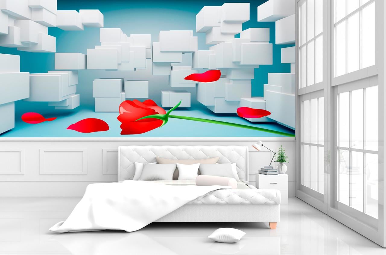 Фотообои 3D флизелиновые цветочные для спальни/зала/кухни Красный тюльпан и кубики