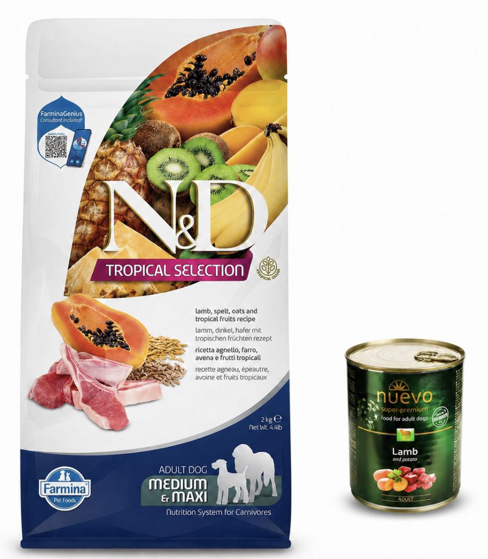 Набор корма для собак средних и крупных пород Farmina N&D Tropical Selection с ягненком полбой овсом и фруктами 2 кг и консерва Nuevo 1 шт. 400 г
