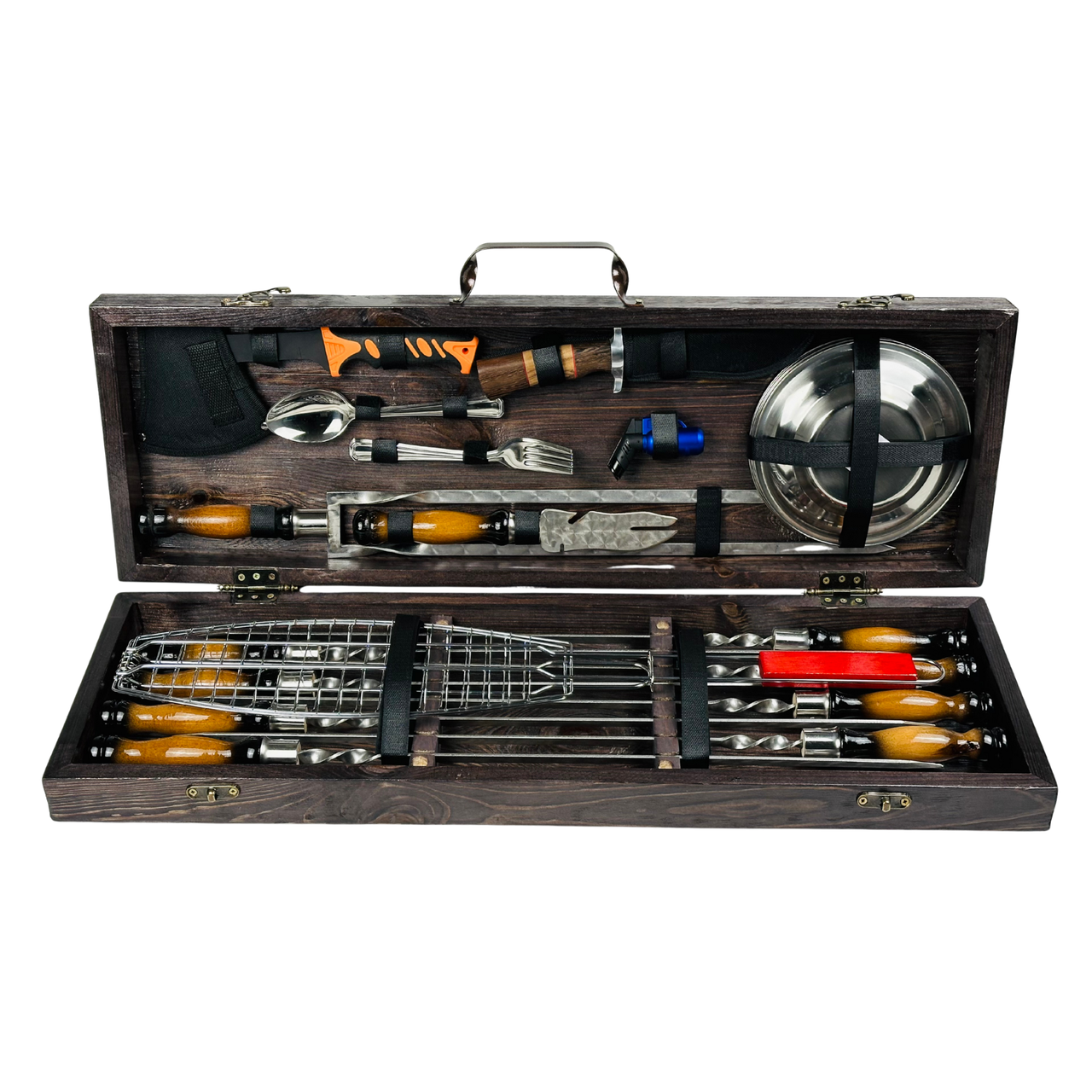Набор шампуров Пикник МАХ из нержавеющей стали с аксессуарами в деревянном кейсе