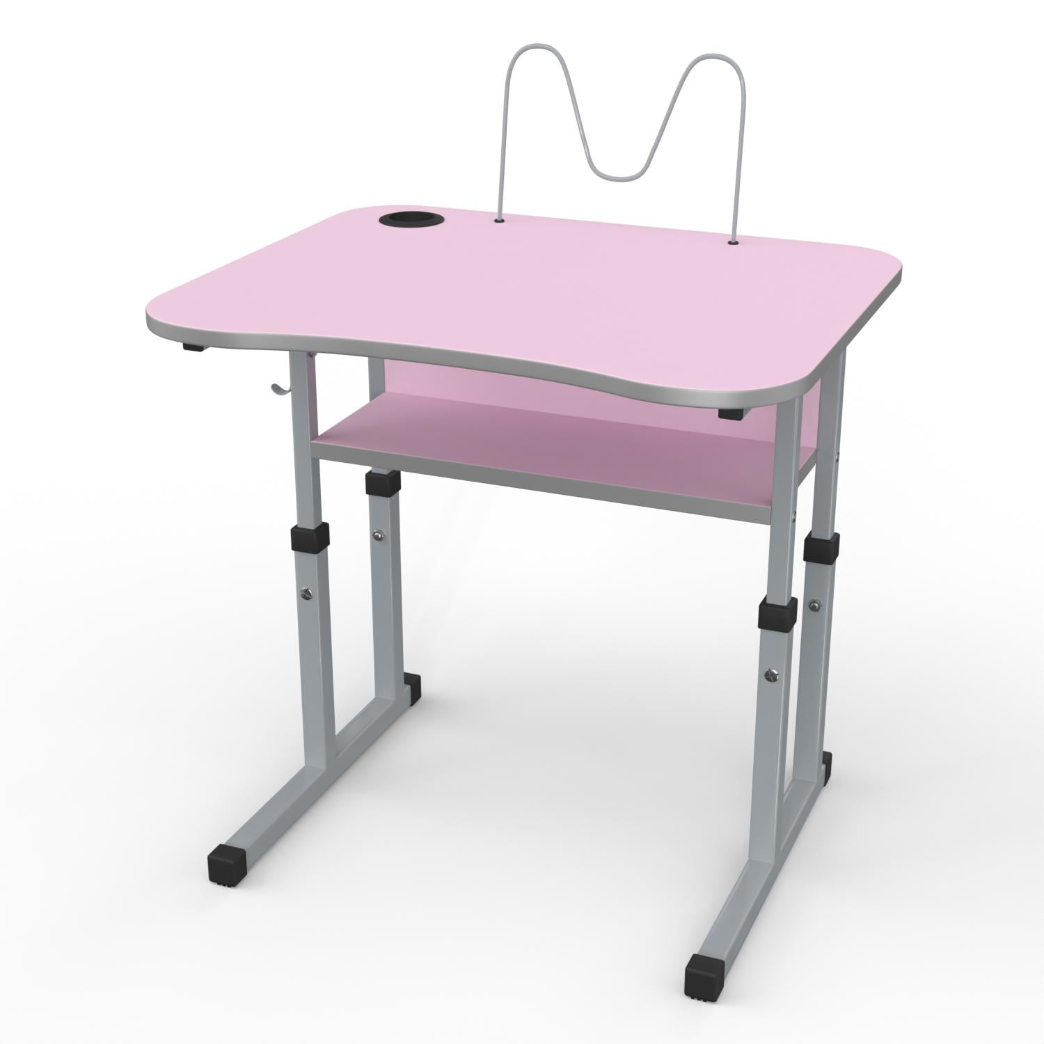 Парта школьная регулируемая 1-11 класс с вырезом под ученика стаканом пюпитром 600x500 мм Розовый/Серый (1141-pin-s)