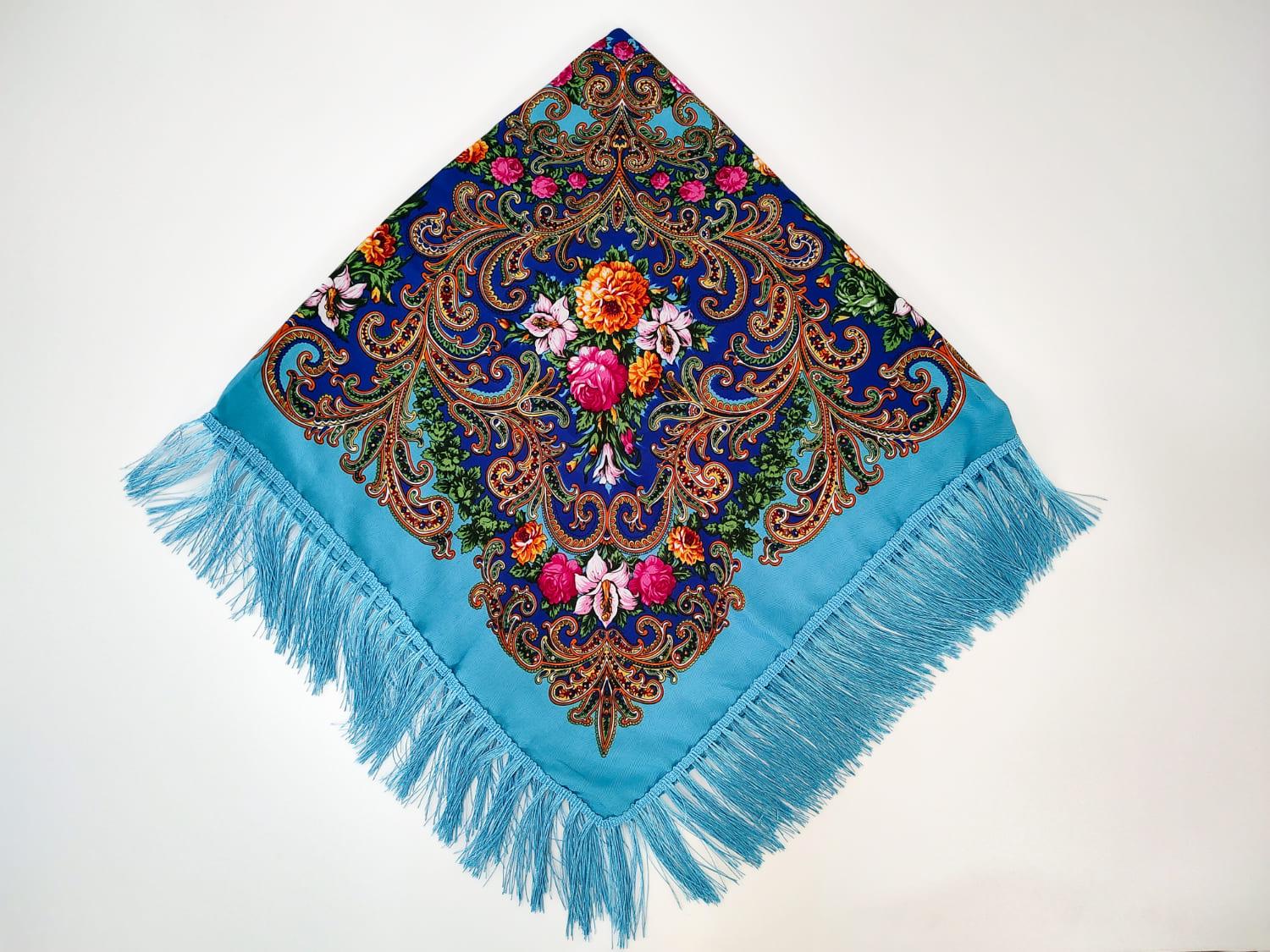 Платок в народном стиле Букет цветов 120х120 см Голубой М28 (29416905)