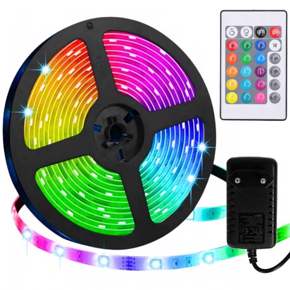 Светодиодная RGB лента и пульт ДУ 5м SMD 5050 30 LED на метр 220В IP44