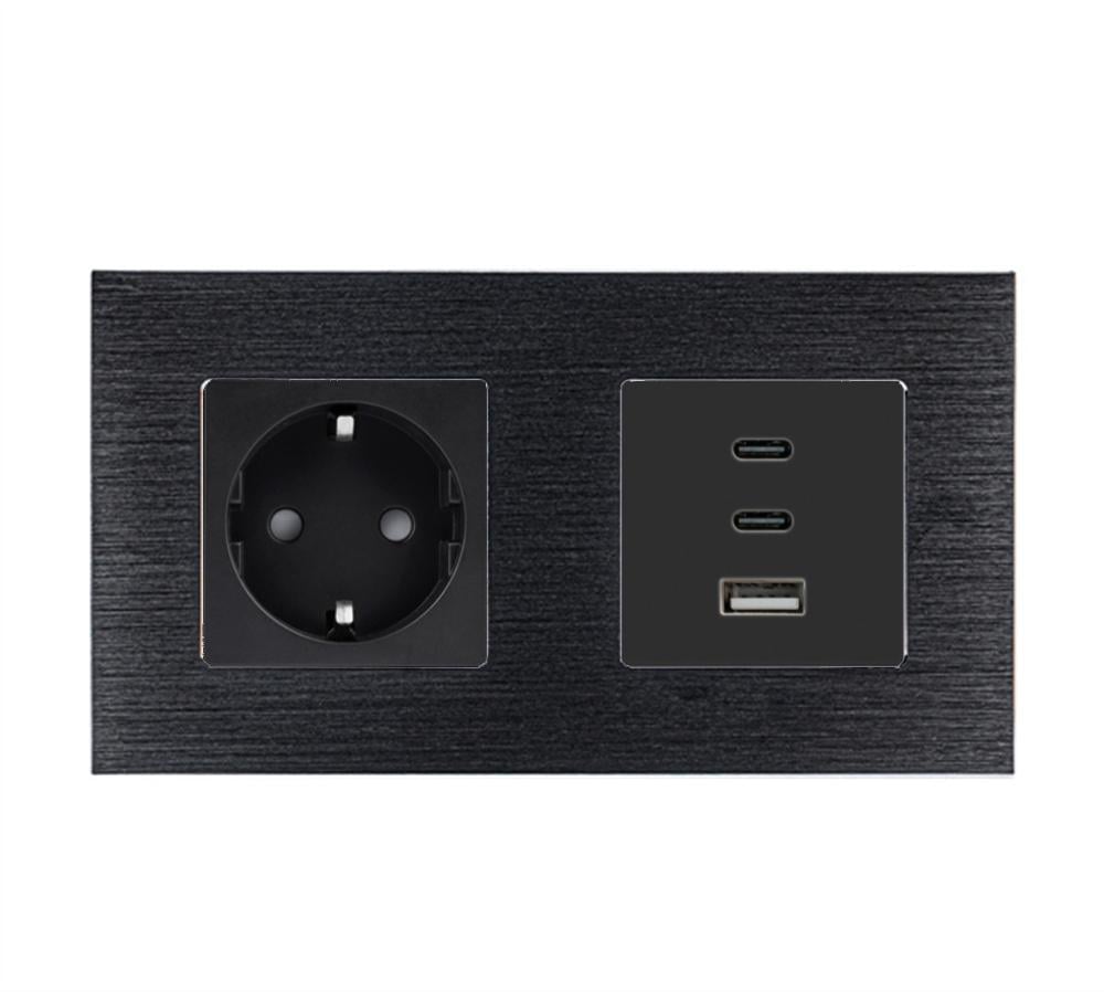 Розетка настенная WALLPAD с USB-A/USB-C 65Вт дизайнерская алюминиевая рамка Черный (WP-M1F65W-BK)