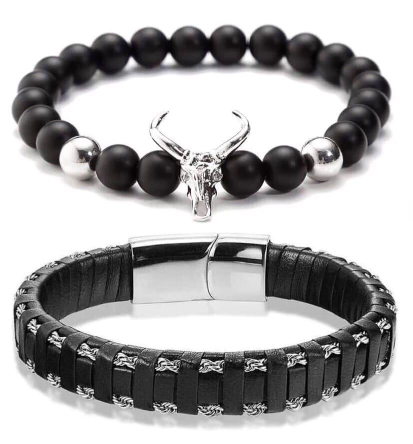 Комплект браслетів зі шкіри та шунгіту із срібною застібкою та антилопою р. 16,5 (12082)