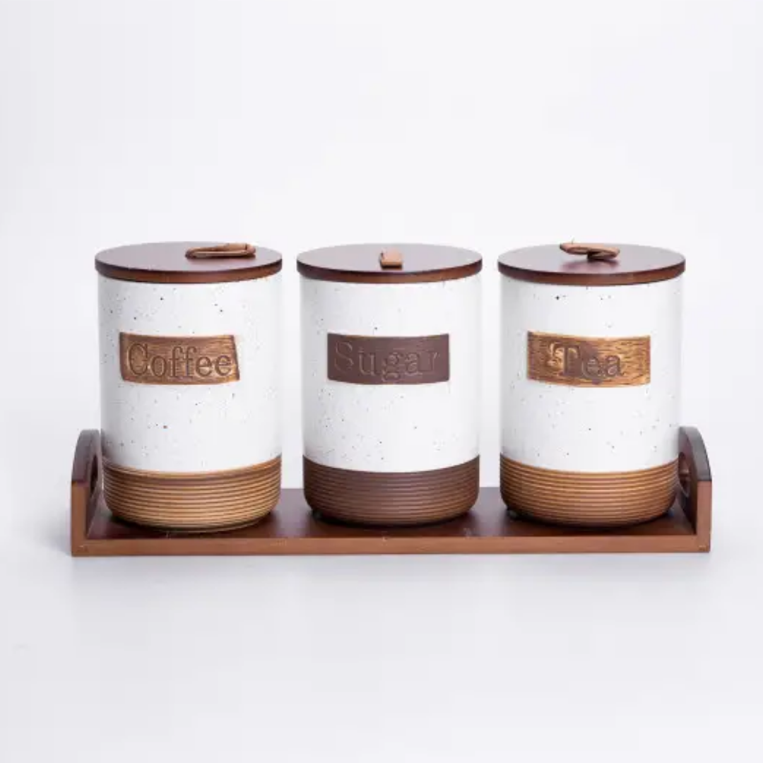 Набор банок для сыпучих продуктов на бамбуковой подставке по 800 мл 3 шт. Бежевый Набор банок для сыпучих продуктов на бамбуковой подставке по 800 мл 3 шт. Бежевый