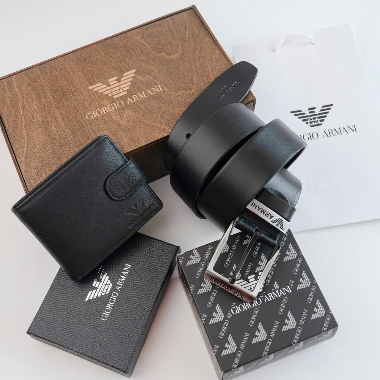 Подарочный набор Armani мужской кошелек и ремень на деревянной коробке (303 PTR)