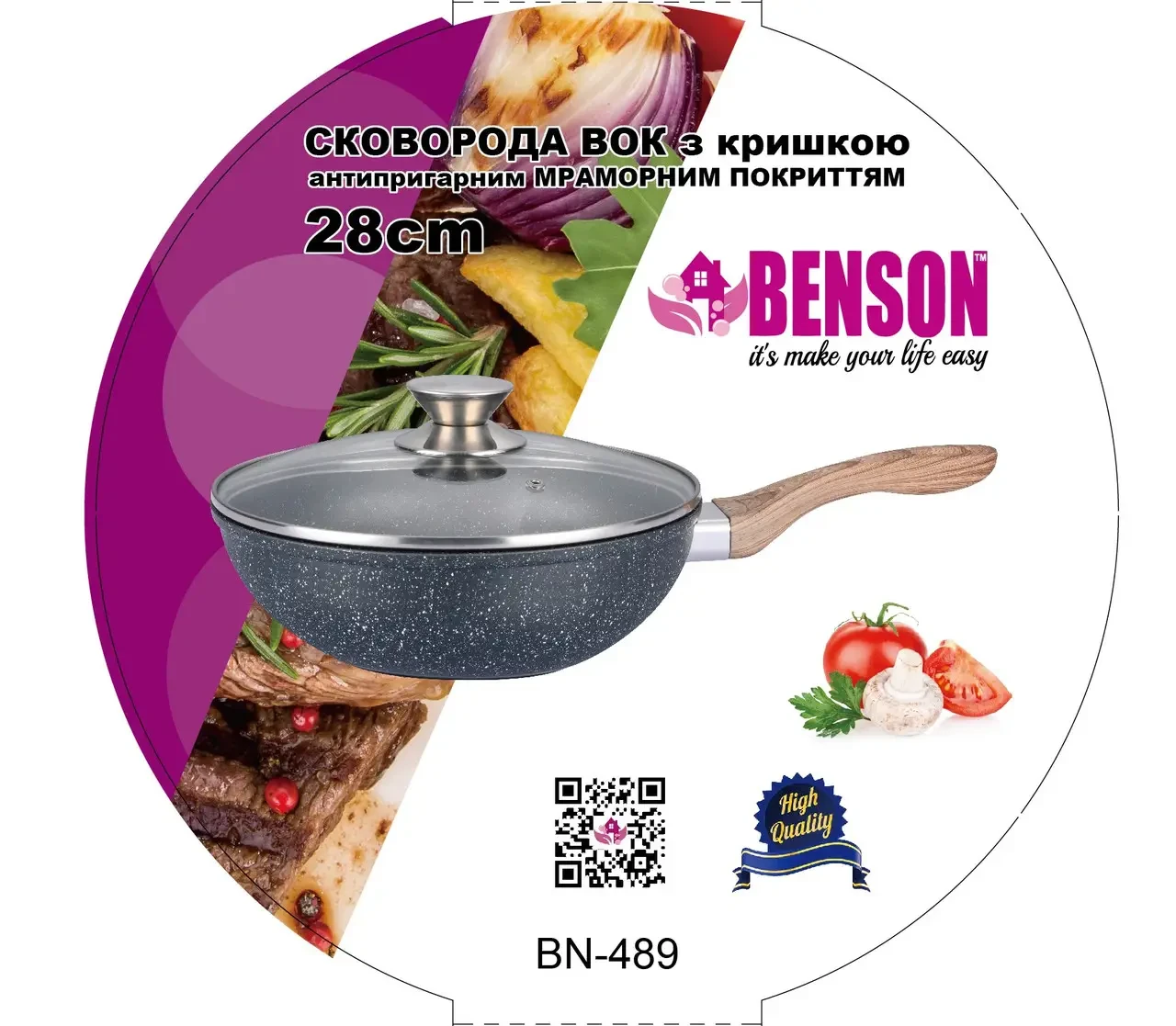 Сковорода wok Benson антипригарная/ручка Soft Touch с крышкой 28 см (BN-489) - фото 2