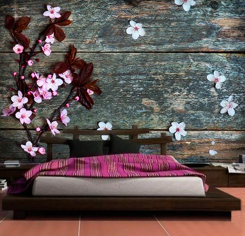 Фотообои 3D флизелиновые цветочные для спальни/зала/кухни Цветы вишни на досках