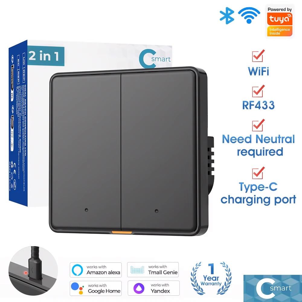 Вимикач механічний Tuya RF433 EU Wi-Fi на дві лінії Чорний (MG-KG120-B2-WIF-433-EU-C) - фото 2