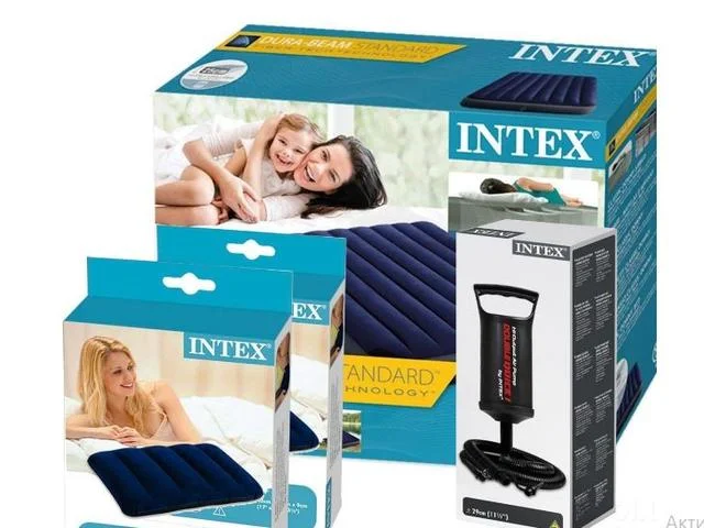Надувний матрац Intex з двома подушками і ручним насосом 152x203x25 см Синій (D-2019090622) - фото 8