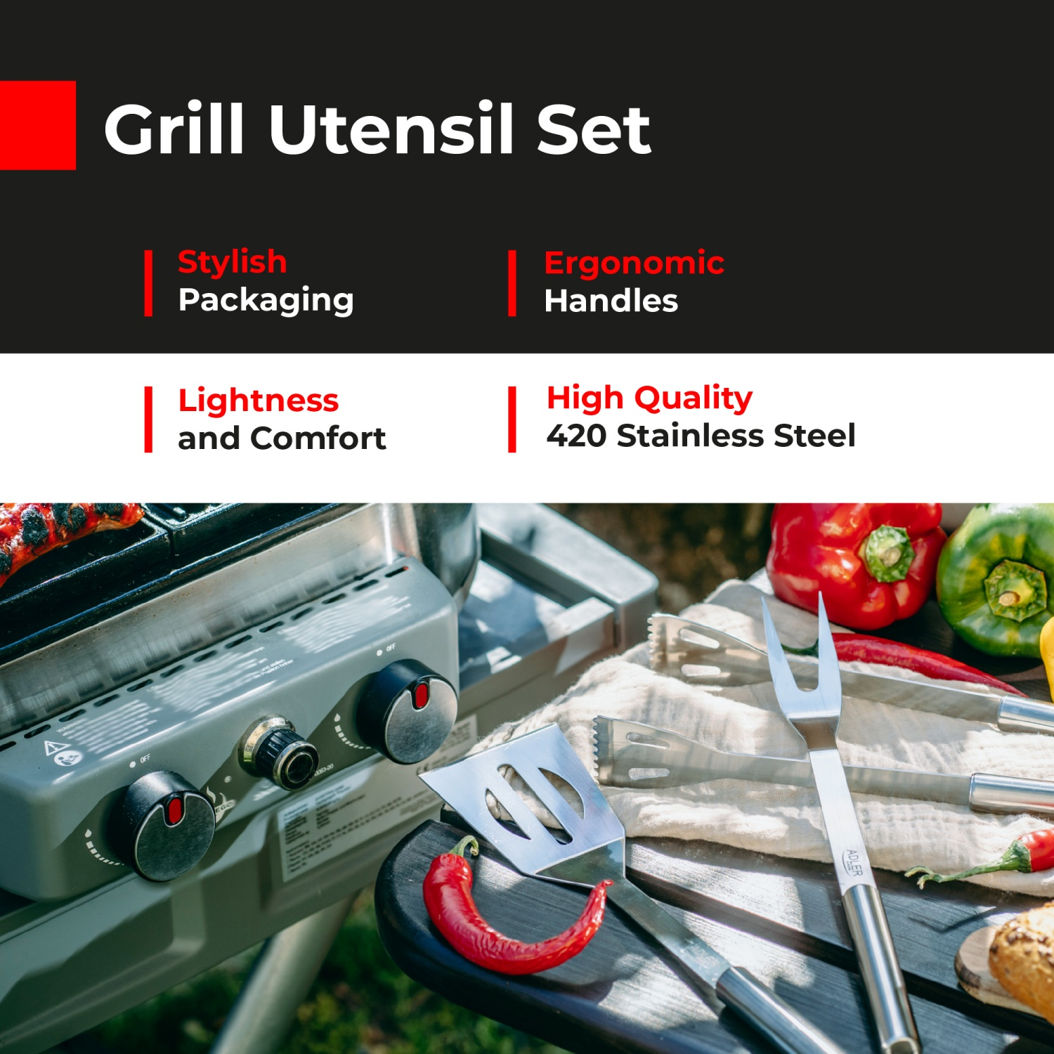 Столові прибори для гриля барбекю Adler AD 6729 нержавіюча сталь в алюмінієвому футлярі (03978) - фото 17 Столові прибори для гриля барбекю Adler AD 6729 нержавіюча сталь в алюмінієвому футлярі (03978) - фото 17