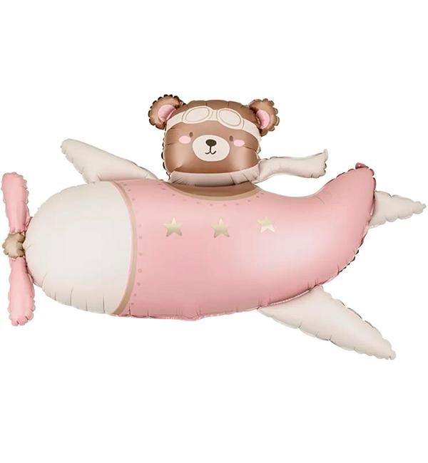 Воздушный шар Мишка в розовом самолете 94х61 см PartyDeco (10809)