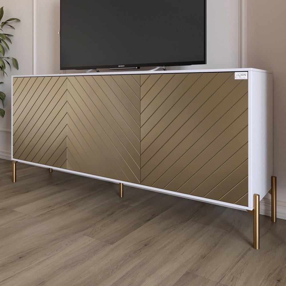 Тумба под телевизор с золотыми металлическими ножками Lion Амарант 168x40x76,5 см Нимфея Альба/Перламутровый металлик (Lion-043062)