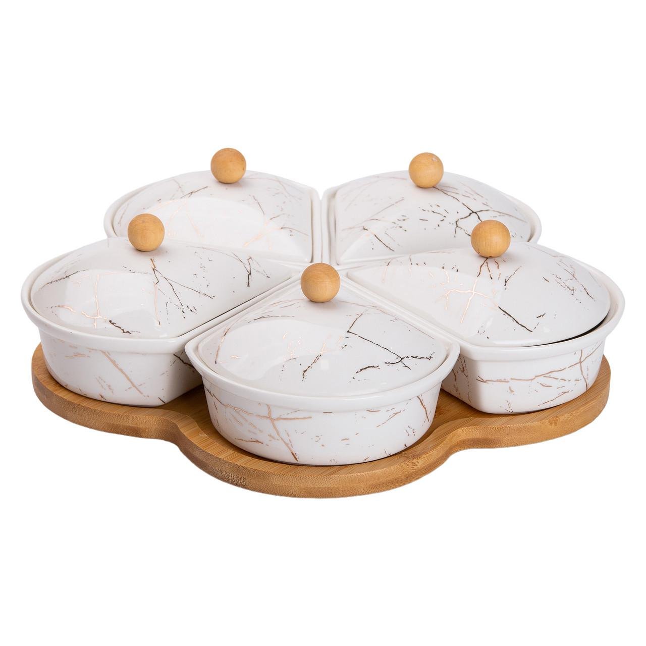 Менажниця порцелянова на підставці що обертається 5 секцій Білий (HP-1217) Менажниця порцелянова на підставці що обертається 5 секцій Білий (HP-1217)