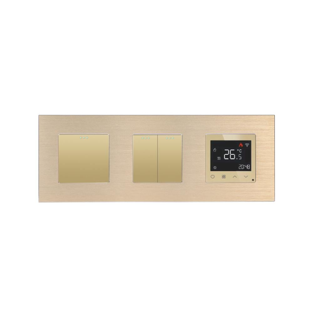 Терморегулятор для теплого пола Wallpad с перекрестным 3-клавишным выключателем 1-2 рамка из алюминия Золотой (WP-1G3W2G3WWTM-GD) Терморегулятор для теплого пола Wallpad с перекрестным 3-клавишным выключателем 1-2 рамка из алюминия Золотой (WP-1G3W2G3WWTM-GD)