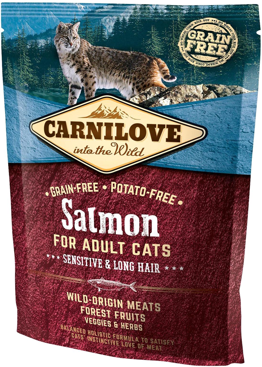Корм сухой для взрослых кошек с чувствительным пищеварением Carnilove Salmon Sensitive&Long Hair 400 г (8595602512294)