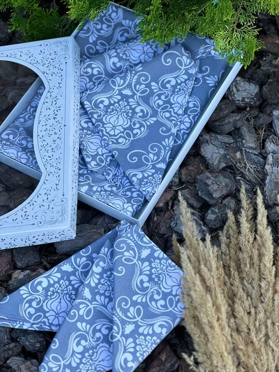 Скатерть 150х220 см с полотенцами 6 шт. 35х70 см Серый (Д-Al-nabir-lyon-0044-02)