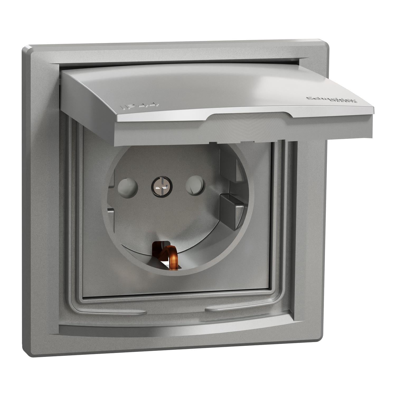Розетка Schneider Electric Asfora з заземленням/шторками та кришкою ІР44 Алюміній (EPH3100361)