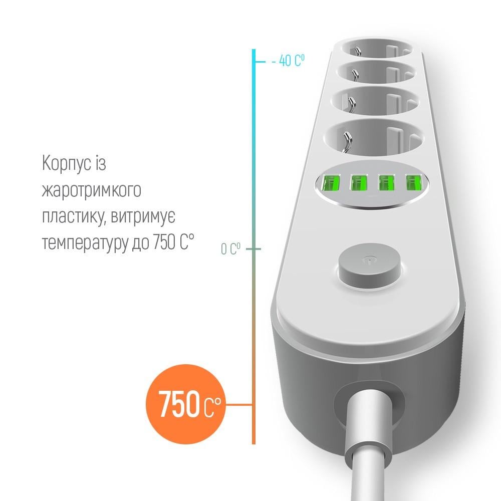 Фільтр-подовжувач LDNIO SE4432 з вимикачем 4 розетки 4 USB 3,4 A Білий (1950594617) - фото 4