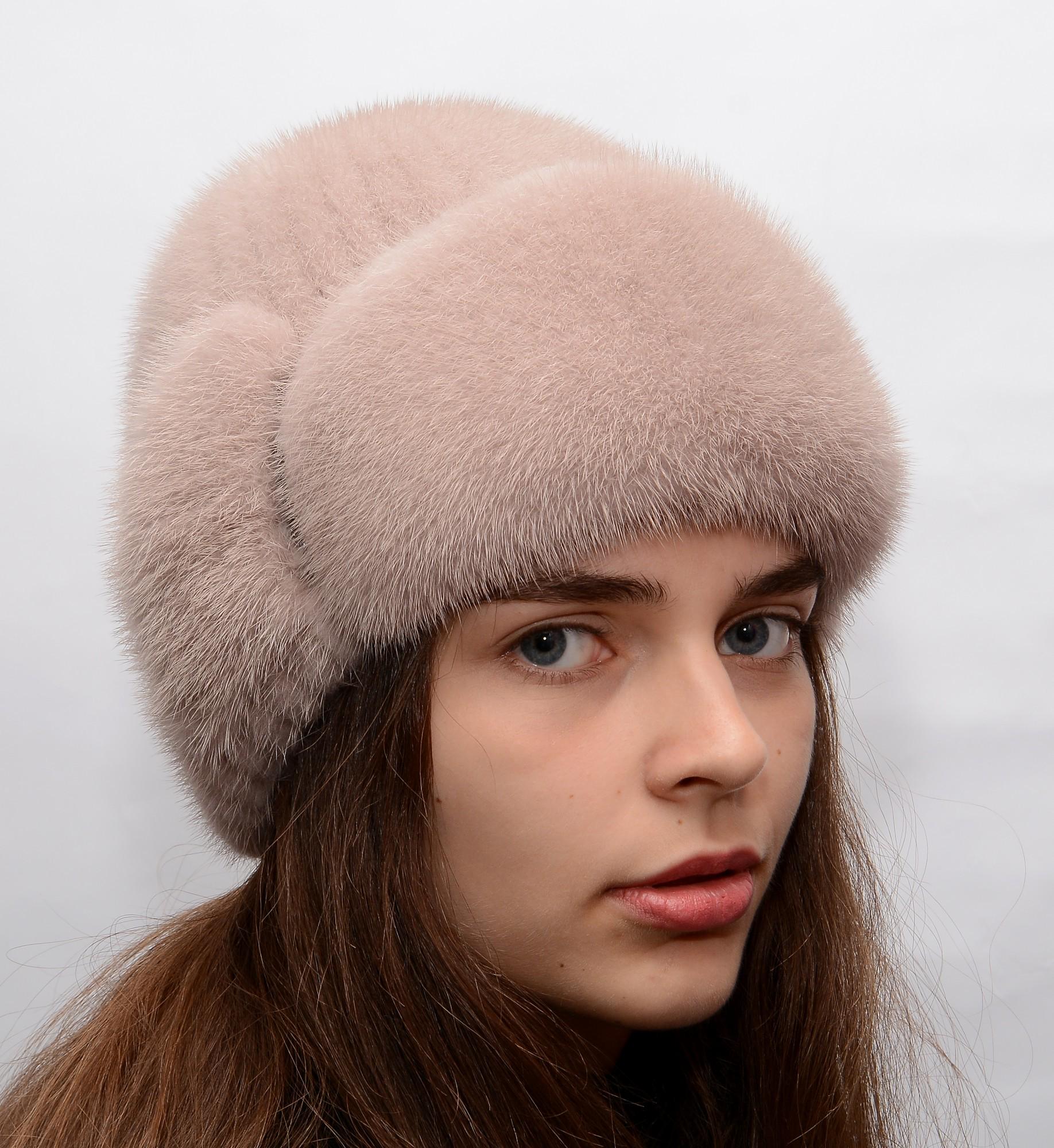 Зимняя женская шапка Меховой стиль Лобик из вязаной натуральной норки Какао (132/R)