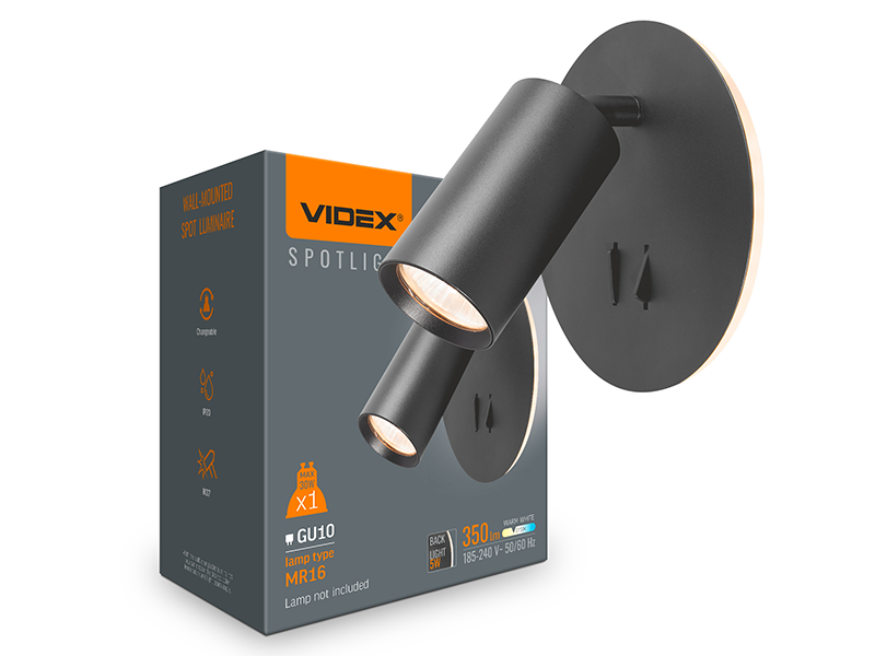Світильник Videx під лампу GU10 настінний з підсвіткою та кнопкою Чорний (VL-SPF24E-B)