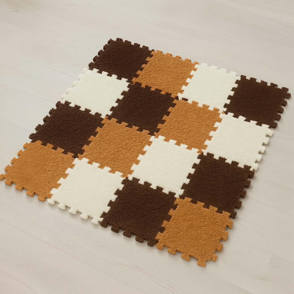 Коврик-пазл антискользящий из пены и плюшевым ворсом 12 шт. 30х30 см 4/4/4 шт. White/Brown/Camel