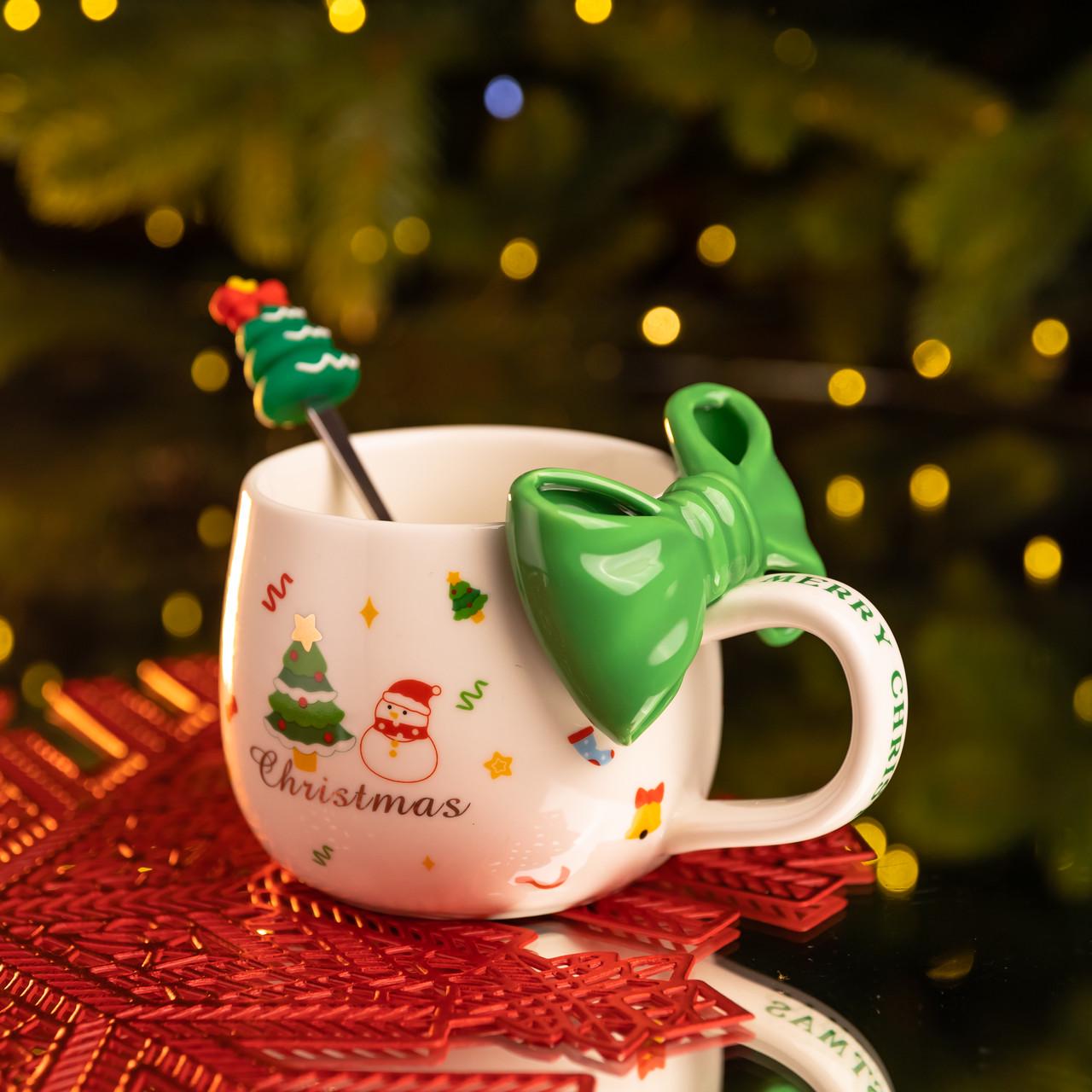 Чашка порцелянова Christmas Ribbon з ложкою 400 мл Зелений (FM-CS-19B)