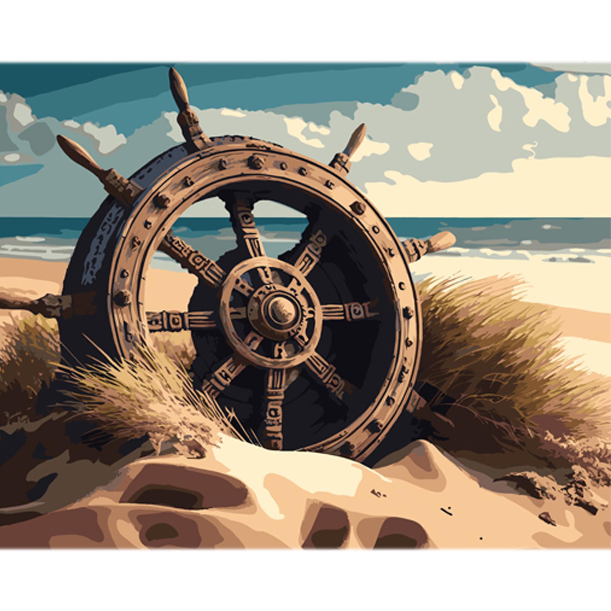 Картина по номерам Strateg Морской штурвал на пляже на цветном фоне 40x50 см (MZ070)