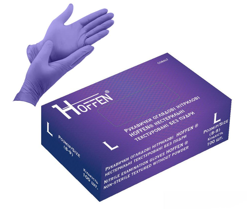 Перчатки нитриловые Hoffen 3.5 г нестерильные текстурированные L 50 пар (HFN-17302L) - фото 1