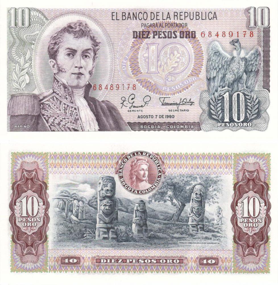 Коллекционная банкнота Колумбия 10 песо оро 1980 UNC P407g (Б09031)