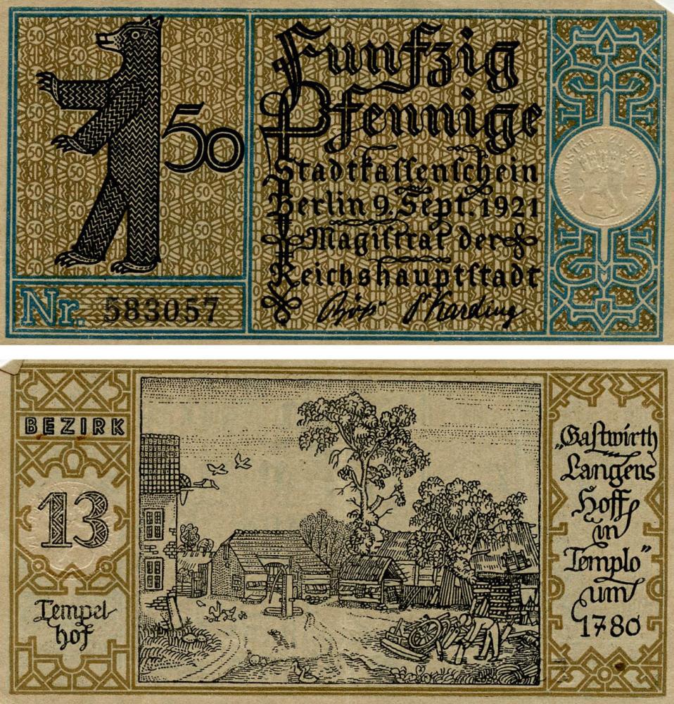 Коллекционная банкнота Германия Нотгельд 50 пфеннигов 1921 F-VF Берлин Разновидность 9 (Б18842)