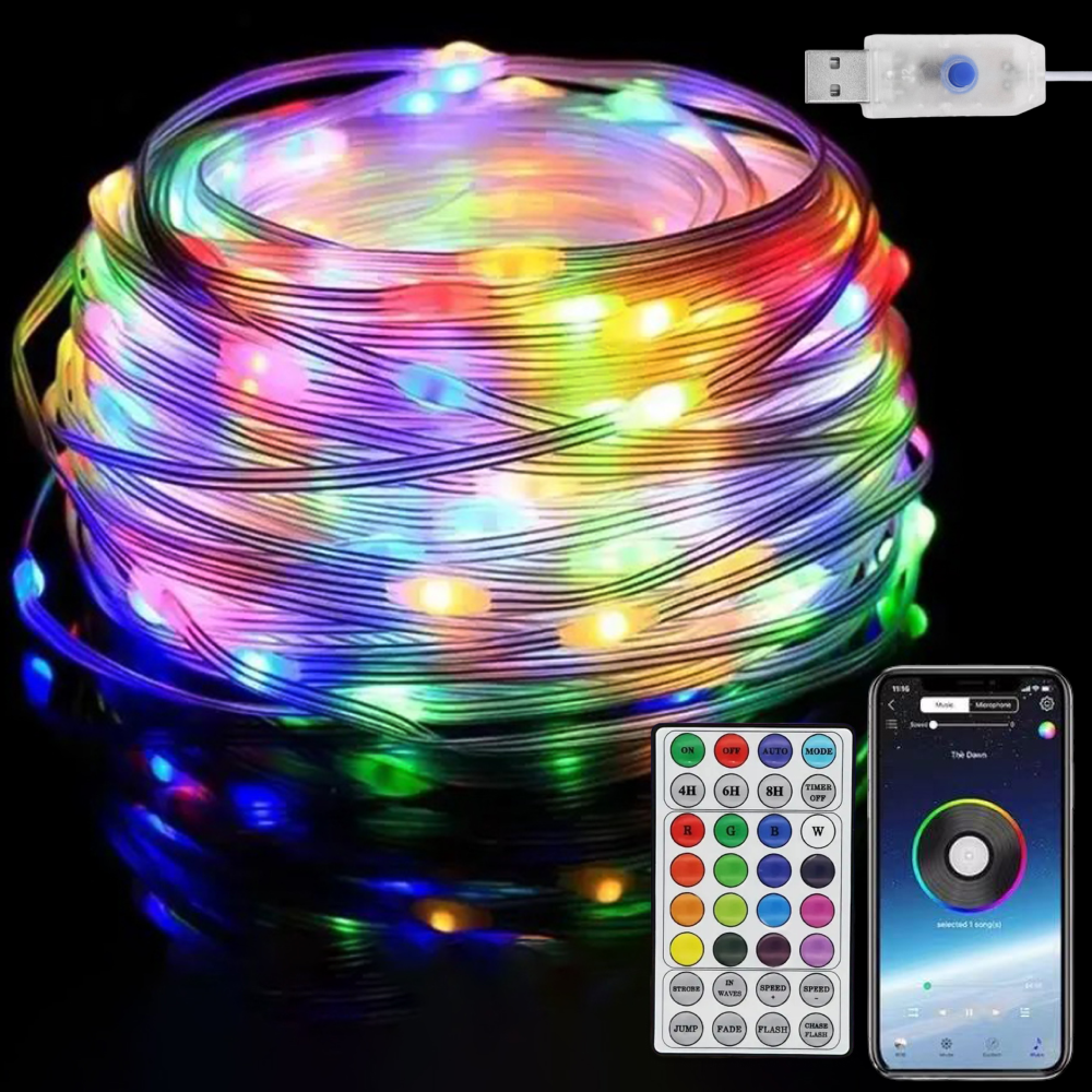 Гирлянда роса умная RGB 20 м от USB 200 LED управление смартфоном и пульт ДУ Bluetooth - фото 1