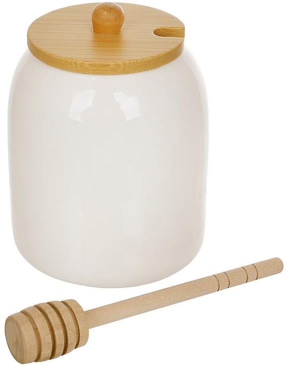 Медовниця порцелянова Nouvelle Home з бамбуковою кришкою та ложкою-булавою 380 мл
