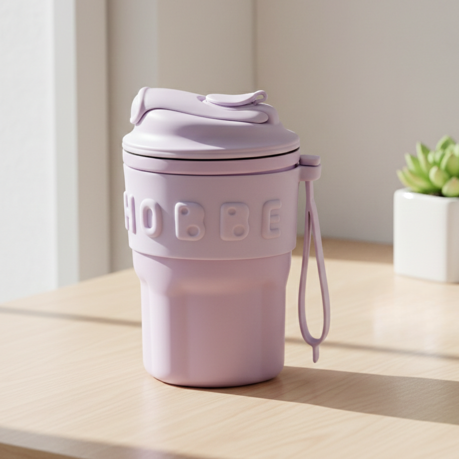 Термочашка с трубочкой и ремешком для горячих и холодных напитков Chiobbe 450 мл 16х8х6,5 см Сиреневый (HP-14-18V)