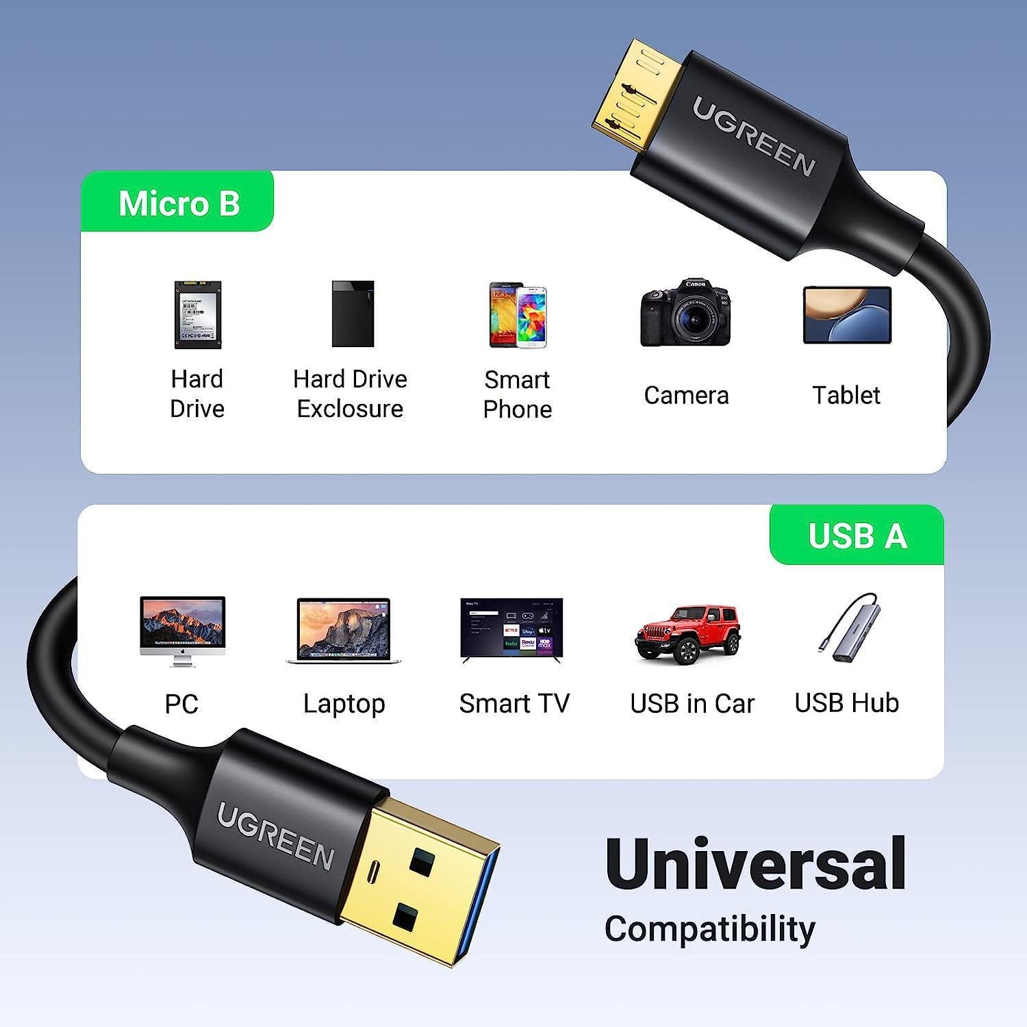Кабель для жестких дисков UGREEN USB 3.0-Micro USB Type-B 5 Гбит/с USB 3.0 A на Micro-B 1 м Черный (10841) - фото 6