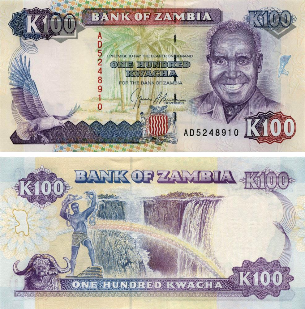 Коллекционная банкнота Замбия 100 квача 1991 UNC P34 (Б10264)