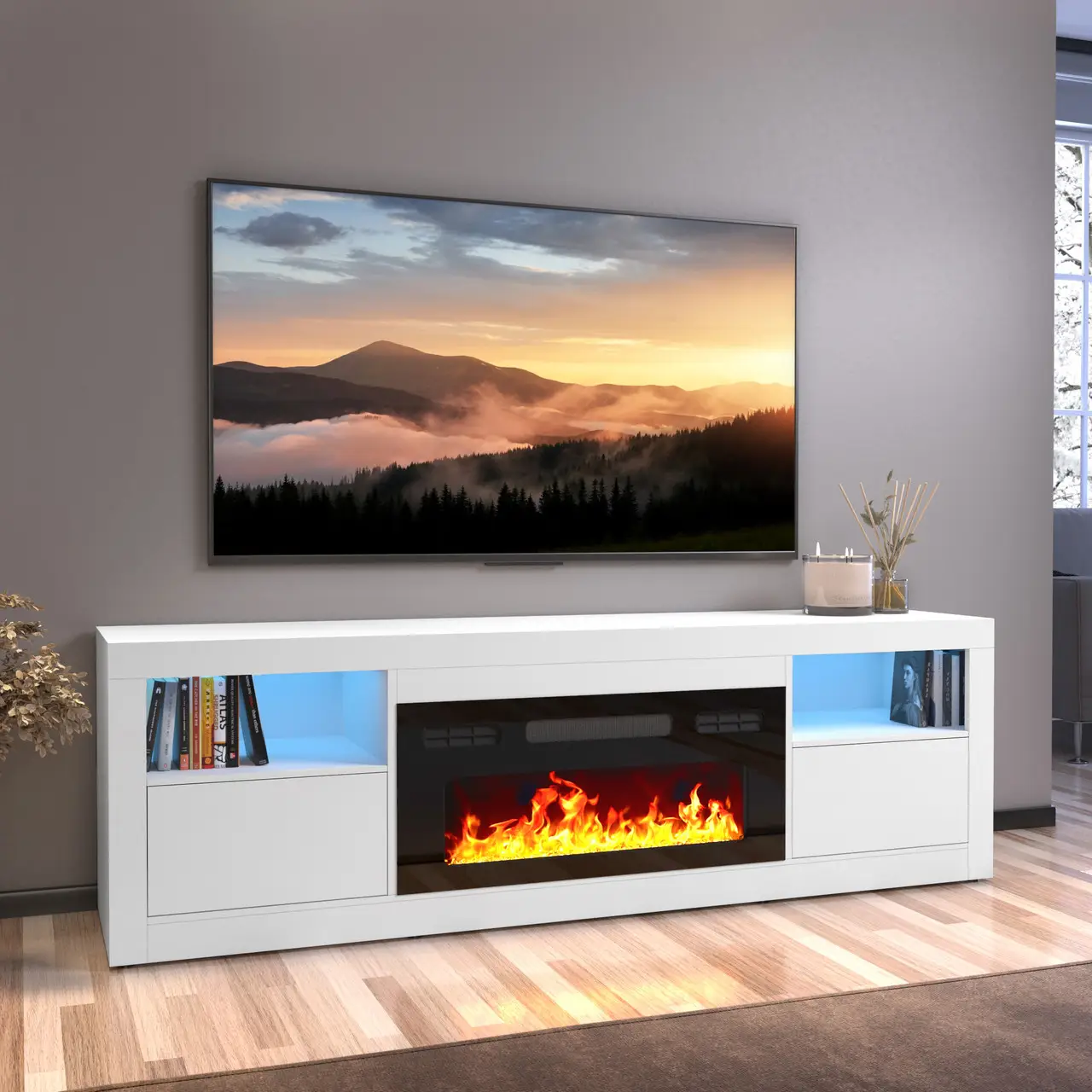 Тумба під ТВ Artos Design Pride з електричним каміном з ламінованої ДСП 550х410х1800 мм Білий (49362)