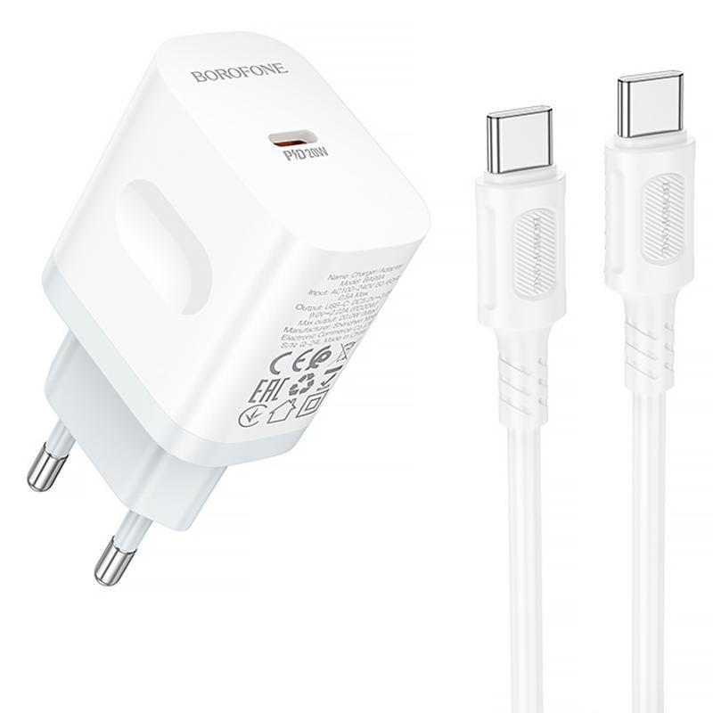 Зарядний пристрій мережевий Borofone BA99A Breeze PD20W 1USB-C з кабелем Type-C to Type-C White (00000079294_1)