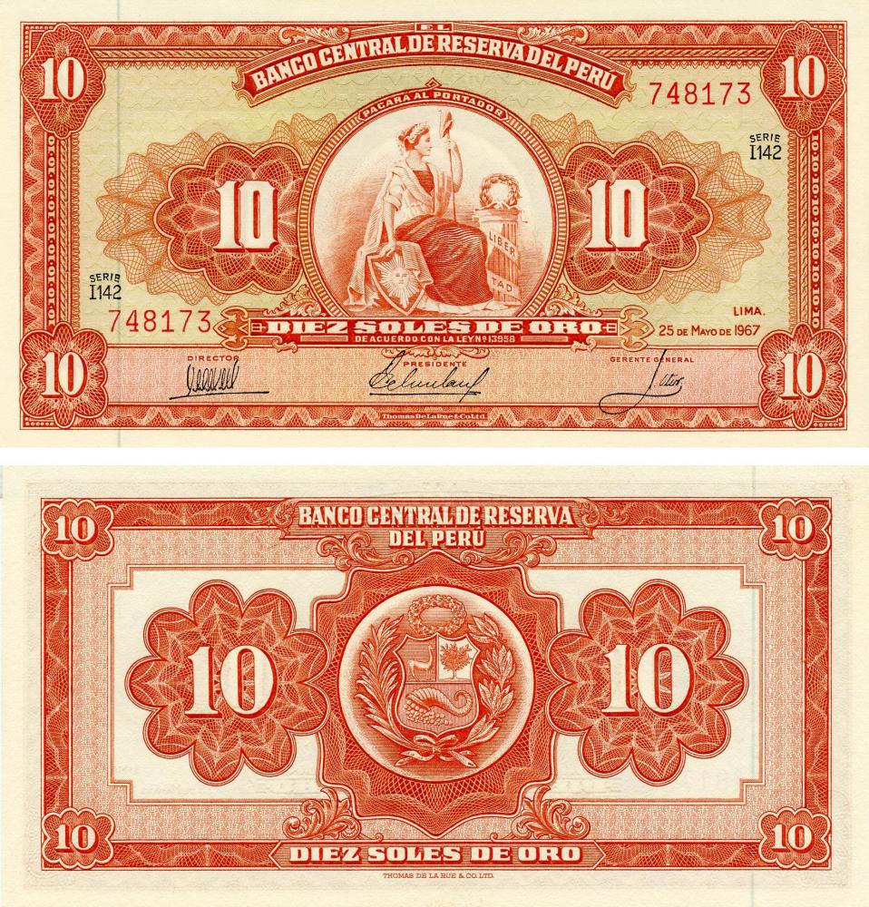Коллекционная банкнота Перу 10 соль 1967 AU-UNC P84 (Б12974)