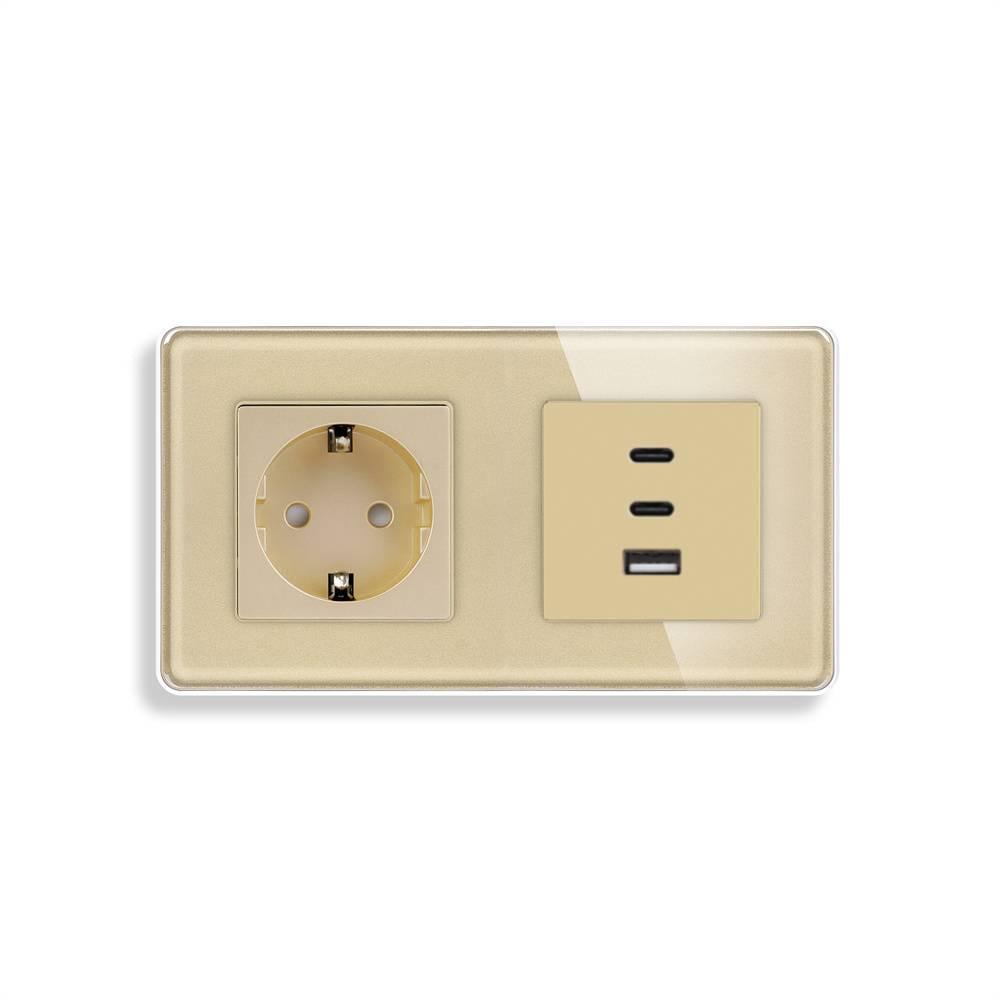 Розетка настенная ELIOS из USB-A/USB-C 65Вт дизайнерская стеклянная рамка Золотой (TW-M1F65W-GD)