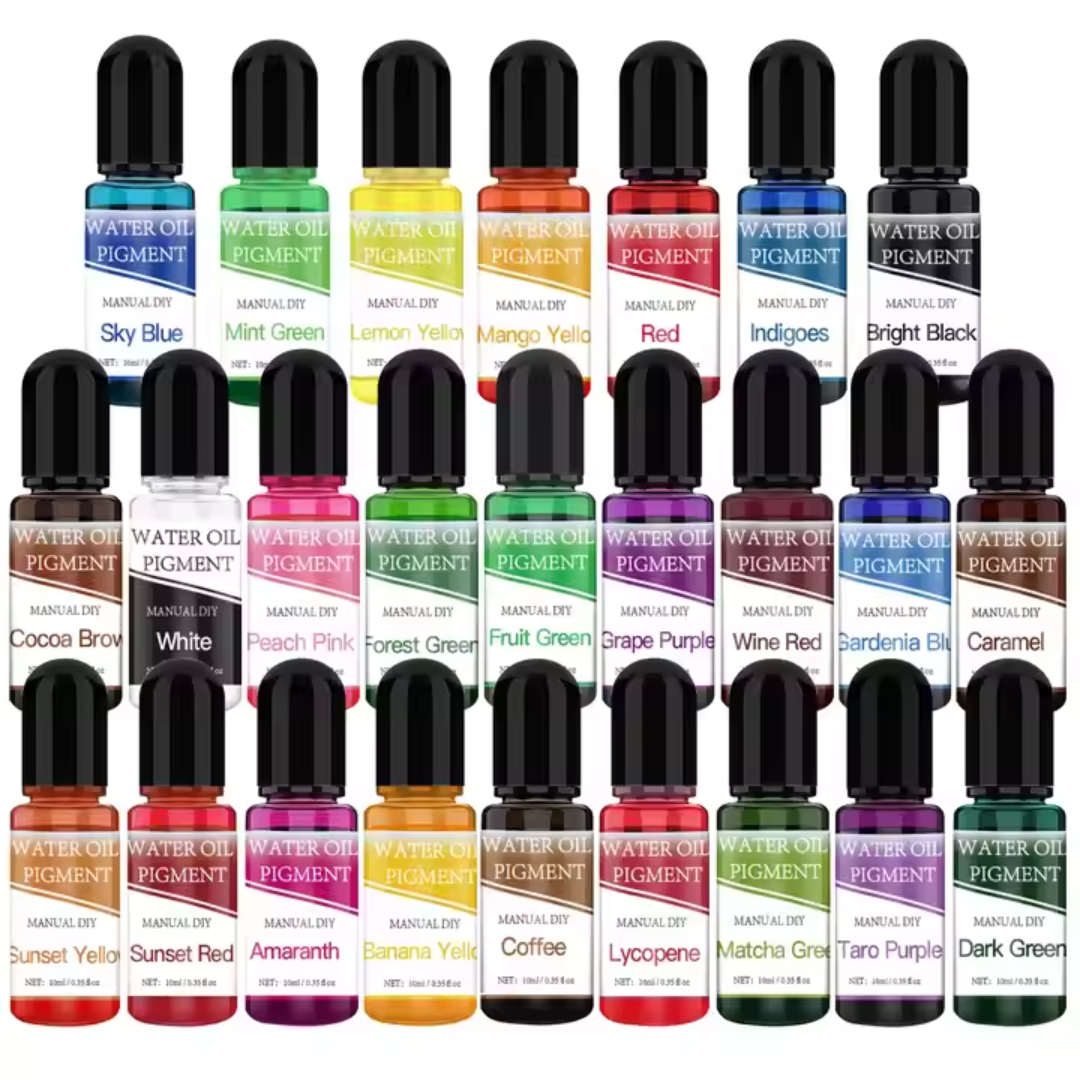 Набір рідких пігментів-барвників на водно-олійній основі нетоксичні 24 кольорів по 10 мл для DIY-виробів - фото 5 Набір рідких пігментів-барвників на водно-олійній основі нетоксичні 24 кольорів по 10 мл для DIY-виробів - фото 5